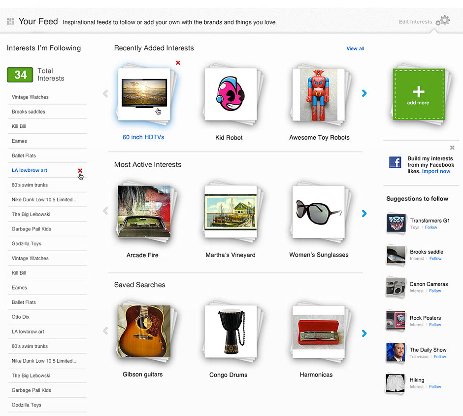 eBay Feed Edit Interests page
